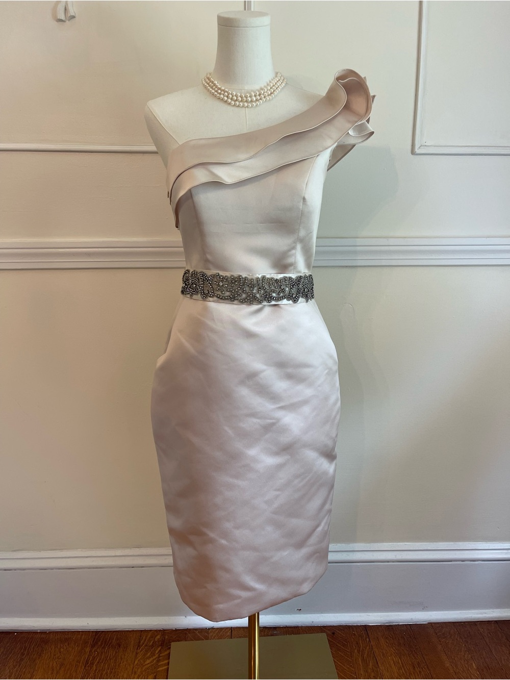 Bari Jay One-Shoulder Satin Sheath Dress in Cream